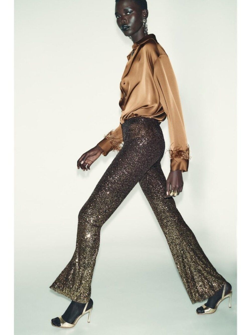 Zara Womens Flared Velvet Leggings Small Brown Sequins High Waisted 9860/500 NWT
